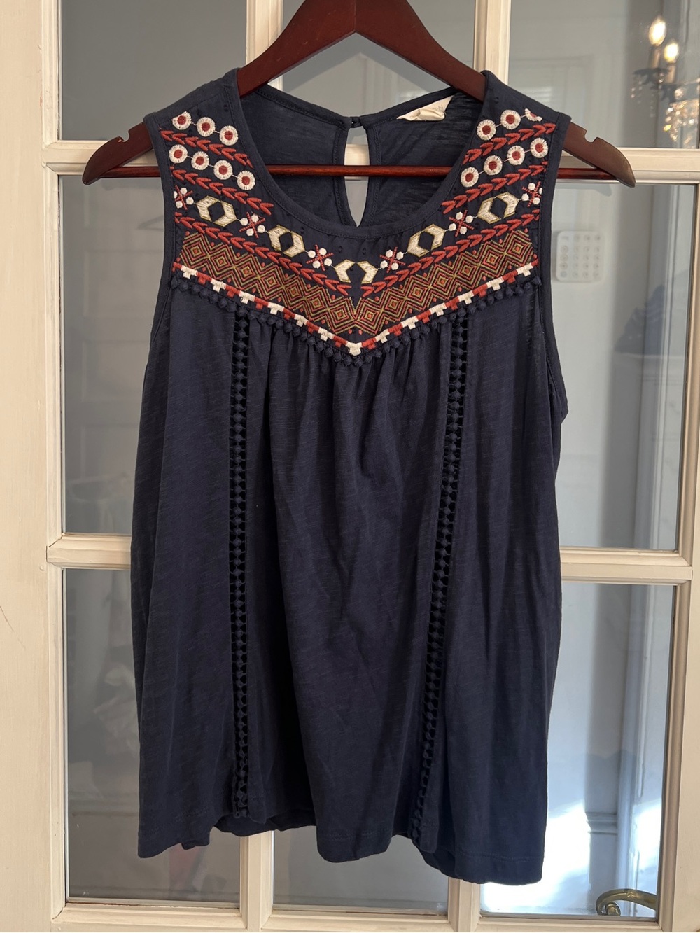 CASLON Women’s Navy Embroidered Boho Sleeveless Tank Top Pom Trim Size S